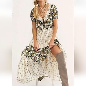 Free People Ivory Tiered Beautiful Boho Sun Chaser Midi Maxi Dress Size M Cotton